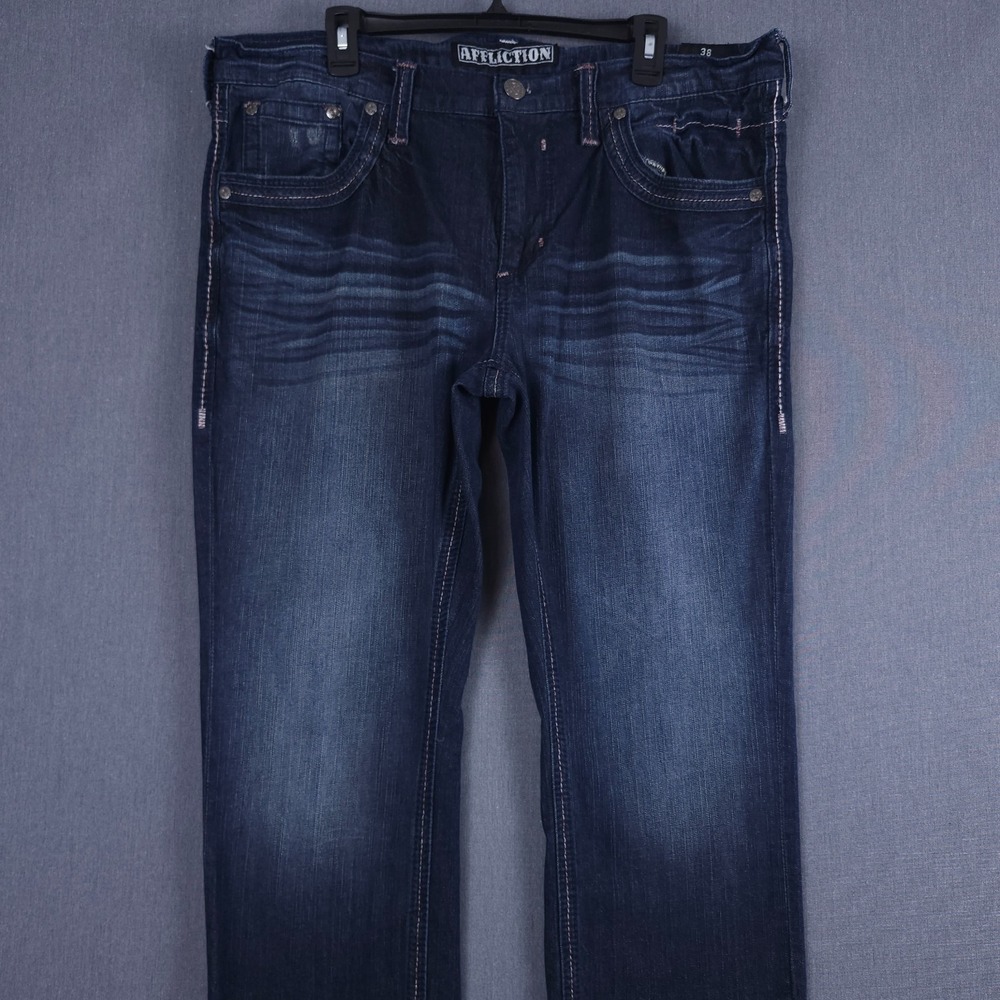 Affliction Gage Jeans Mens 38 (Fits 38x34) Blue Dark Wash Whiskered Denim Y2K